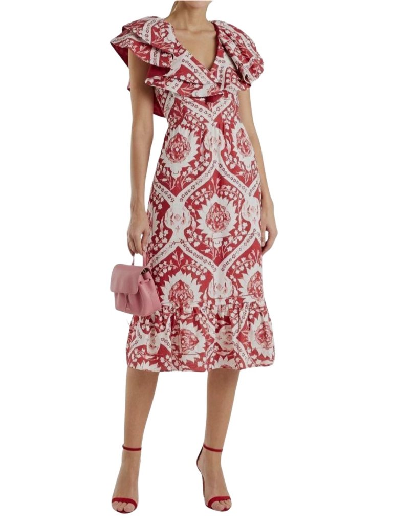 Amur Red Floral Ruffled Zemirah A-Line Midi Dress Sz 4 Hemp Cotton